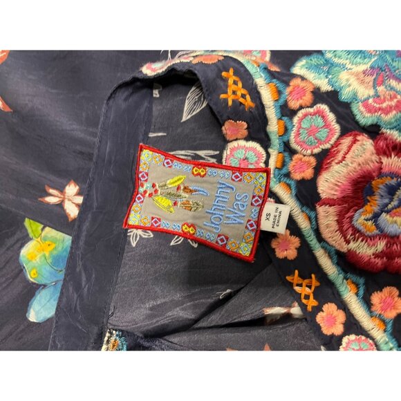 Johnny Was Embroidered Floral Tunic Shirt Navy Blue Long Sleeve V Neck‎ XS - Picture 11 of 12